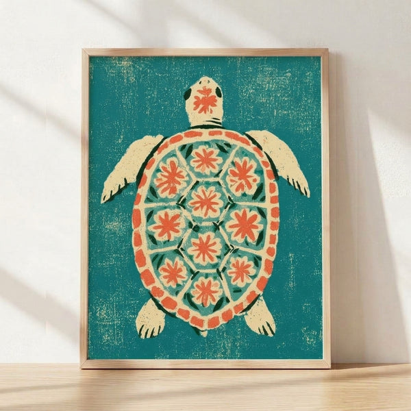 Framed folk art print of a stylized turtle with coral and teal mosaic shell pattern, surrounded by whimsical florals on cream background in retro minimalist style.