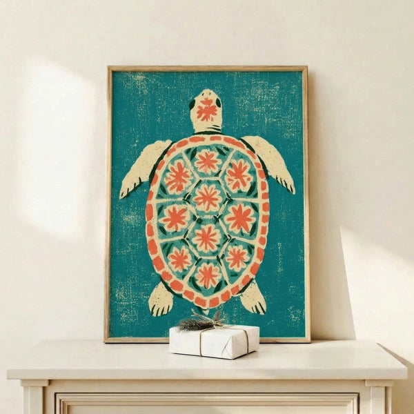 Retro turtle art print featuring geometric shell design in coral, teal, and cream with folk art botanical elements and calm oceanic mood.