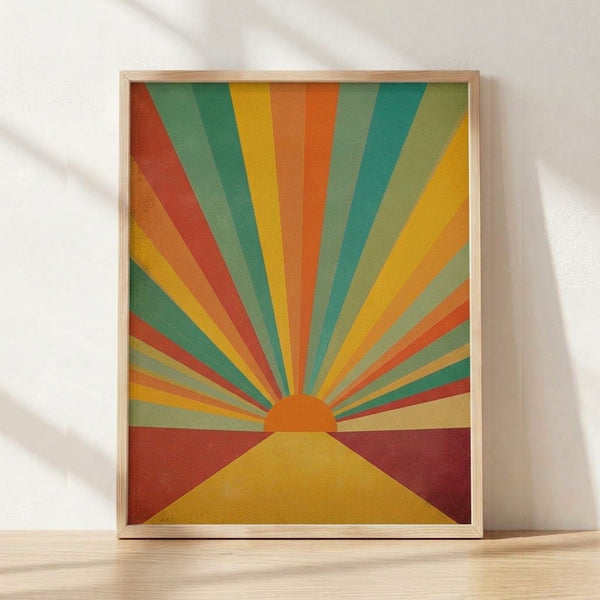 Retro sunburst sunrise poster in burnt orange, mustard yellow, and teal, featuring radiating sun rays in a minimalist mid-century style with warm, optimistic mood.