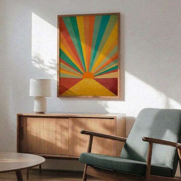 Minimalist sunrise artwork with concentric sunburst design in warm burnt orange and mustard hues, evoking uplifting retro-modern bedroom wall decor.