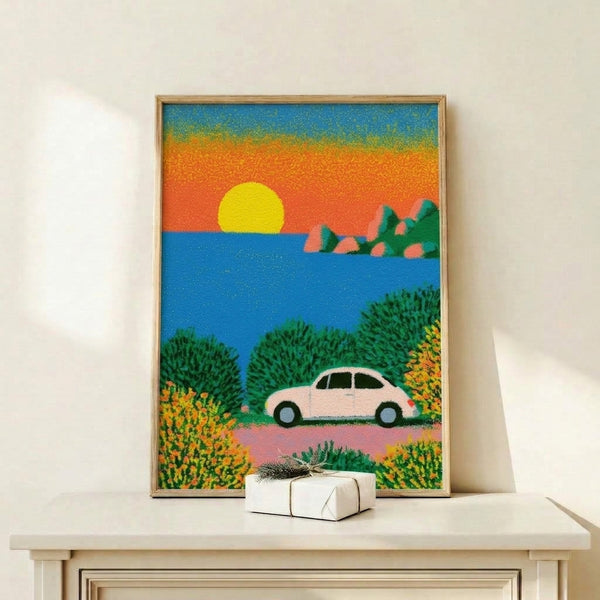 Nostalgic minimalist wall art print showing a classic Beetle automobile driving along a seaside route during golden hour, with whimsical flowers and rocks framing the scene in vibrant retro color palette.