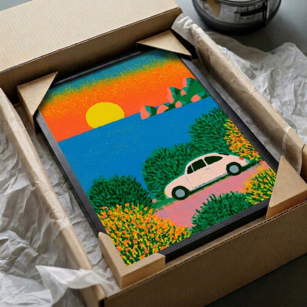 Whimsical minimalist art print featuring a Beetle car on a coastal landscape at sunset with decorative flowers and rocks, executed in nostalgic retro colors of bright yellow, coral pink, electric blue, and forest green.
