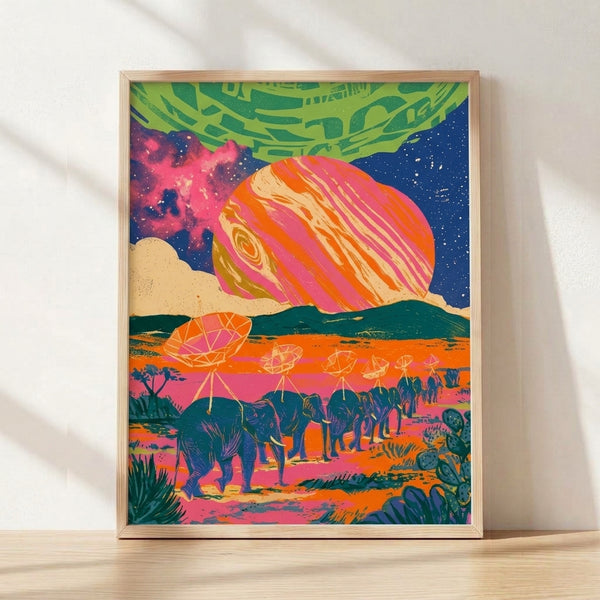 Surreal pop art poster featuring a whimsical elephant caravan traversing a cosmic desert landscape under a galaxy-filled night sky, rendered in vibrant hot pink, lime green, deep blue, and orange hues.
