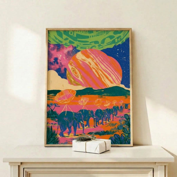 Dreamlike retro art print depicting fantastical elephants journeying through an alien desert with planets and satellites suspended overhead, awash in magenta, neon green, and cosmic blue tones.
