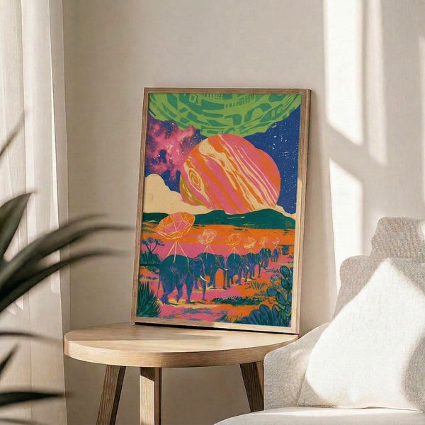 Vibrant framed pop art poster of a surreal elephant procession crossing an otherworldly desert beneath swirling galaxies and floating celestial bodies in bold hot pink, lime, and sapphire blue.