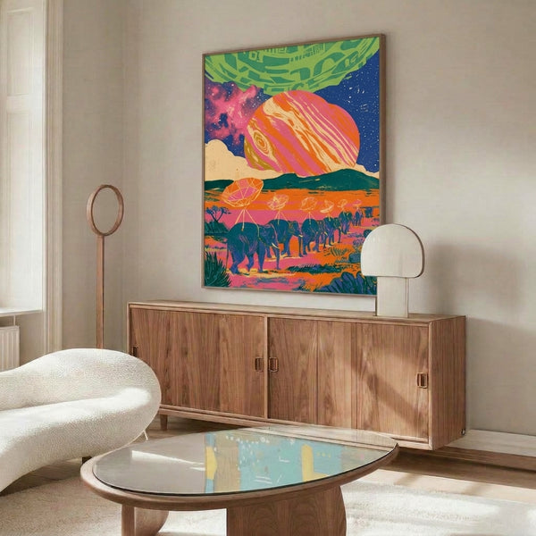 Whimsical cosmic art print showing an adventurous elephant caravan navigating a surreal desert landscape dotted with planets and stars, styled in retro pop art with striking magenta, electric green, and deep blue colors.