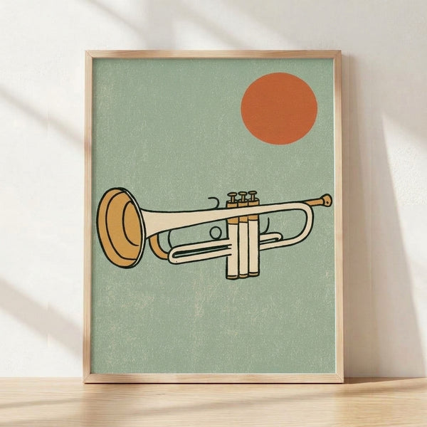 Retro minimalist poster art featuring a golden trumpet and stylized sun in burnt orange and sage green tones, evoking mid-century modern jazz aesthetics.