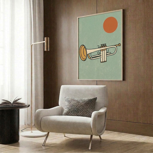 Minimalist jazz-inspired poster showcasing a trumpet and geometric sun motif in burnt orange, cream, and sage green with a retro optimistic mood.