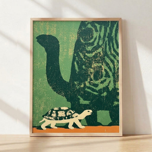 Minimalist retro poster featuring a tortoise and elephant silhouettes in sage green and burnt orange tones with a desert cactus, creating a calm and whimsical nature art print for walls.