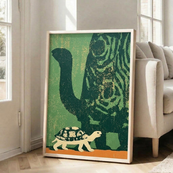 Earthy wabi sabi wall art depicting an elephant shadow and tortoise in muted sage and forest green with gold accents, embodying a modern minimalist aesthetic.