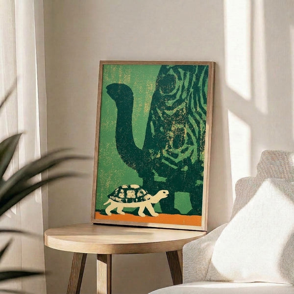 Retro wildlife poster in soft sage green and cream showing a tortoise and elephant with desert botanical elements, evoking a peaceful and whimsical mood.