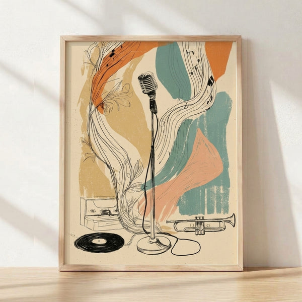 Retro line art poster featuring a microphone, vinyl record, and trumpet in cream, orange, and teal tones, evoking mid-century jazz nostalgia.
