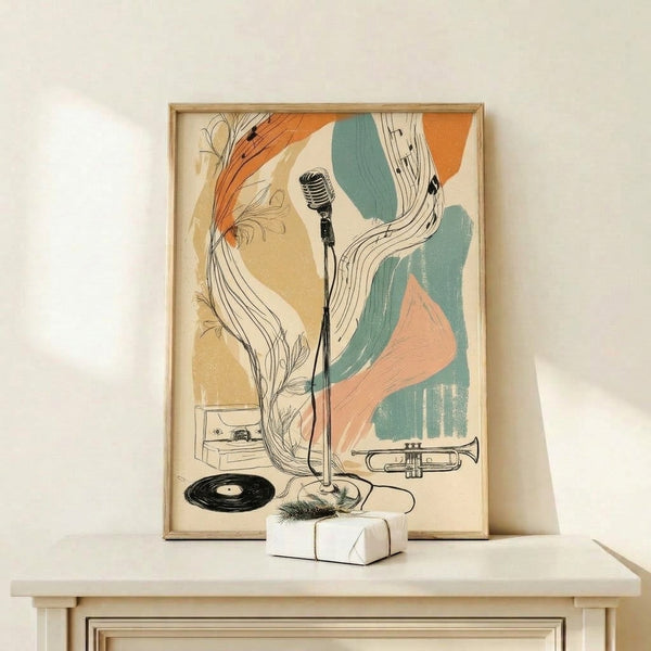Vintage-inspired framed art print with minimalist black line drawings of music elements including a microphone and turntable against a warm cream background.