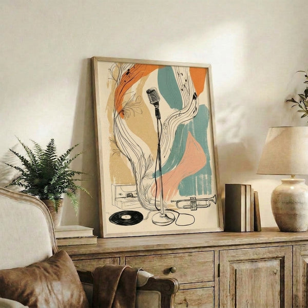 Mid-century modern poster showcasing stylized musical instruments and notes in a jazzy palette of tan, teal, and orange with nostalgic appeal.