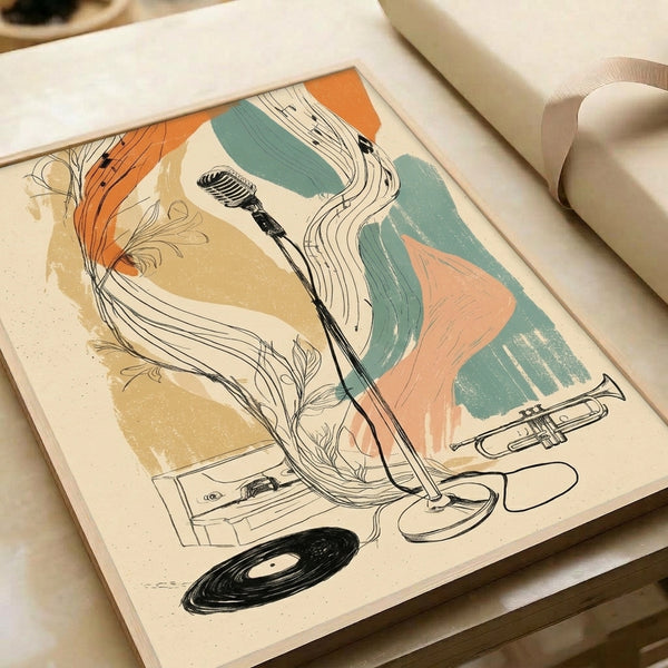 Framed retro music poster with clean line art depicting a microphone, vinyl, and trumpet in cream and teal, capturing the creative spirit of vintage jazz aesthetics.