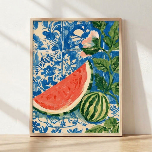 Retro boho still life poster featuring a sliced watermelon with vibrant coral red flesh and green rind, surrounded by colorful flowers and leaves in sage and forest green, set against a cobalt blue and cream background with decorative ceramic tile patterns.