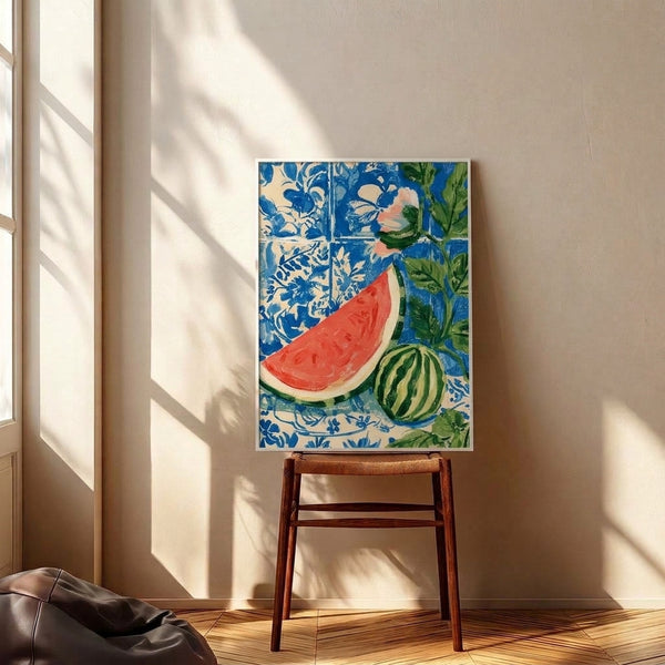 Framed art print displaying a cheerful vintage-inspired composition of fresh watermelon slices, botanical florals, and leafy stems in warm coral, cool blues, and earthy greens with nostalgic Portuguese tile motifs.