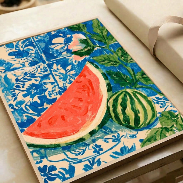 Nostalgic boho wall art showcasing a hand-painted style watermelon still life with complementary blooms and foliage in a palette of deep cobalt, cream, coral, and sage tones, featuring retro tile-inspired design elements.