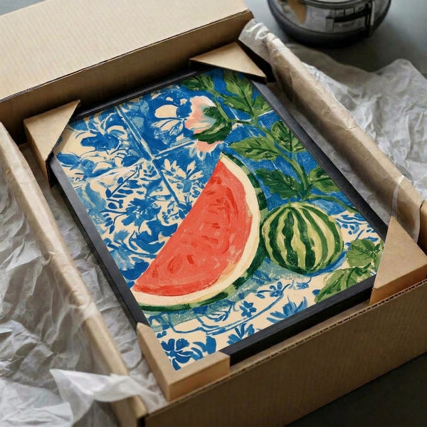 Fresh and charming retro poster art of a watermelon fruit arrangement with botanical accents in coral red, forest green, and sage, arranged in a boho composition against cobalt and cream tones with decorative ceramic tile details.