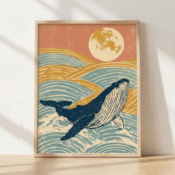 Retro-style framed poster featuring a humpback whale breaching beneath a full moon over ocean waves, rendered in rust orange, teal blue, cream, and navy.