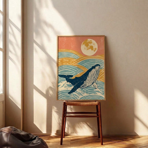 Minimalist vintage ocean art print showing a whale and luminous moon with stylized waves in warm ochre gold and cool blue tones, evoking nostalgic serenity.