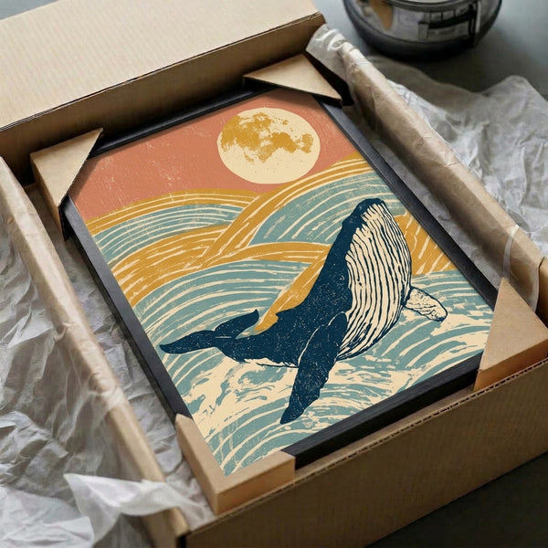 Ocean-themed retro print with a graceful whale, full moon, and rolling waves in vintage color scheme of navy, ochre, cream, and rust orange tones.