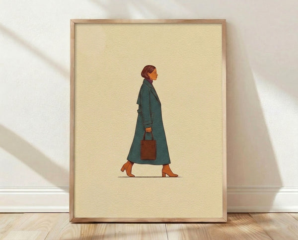 Minimalist line art poster of a woman in a teal coat and boots walking with a handbag, rendered in cream, teal, rust, and brown tones on a framed wall art print.