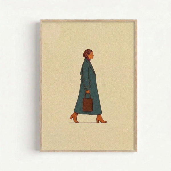 Retro minimalist framed poster featuring a single-line drawing of a woman striding in a teal coat, handbag in hand, with sophisticated understated elegance in a warm neutral palette.