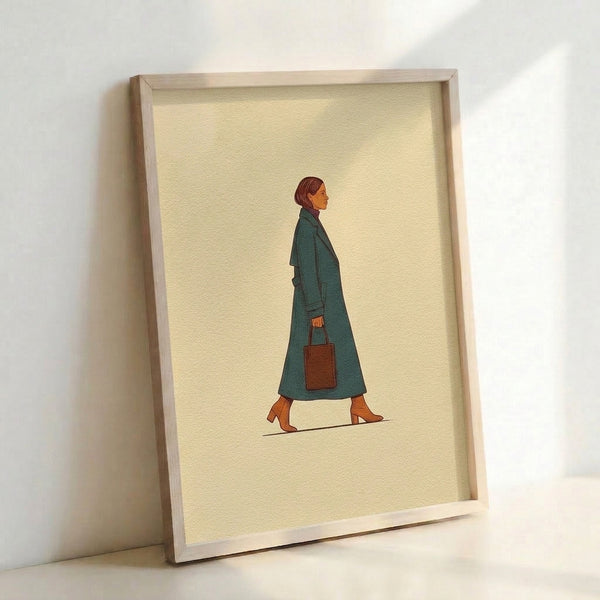 Japandi-inspired line art print showing a woman in a teal coat and boots, displayed as a framed poster in cream, rust orange, and brown with refined minimalist style.