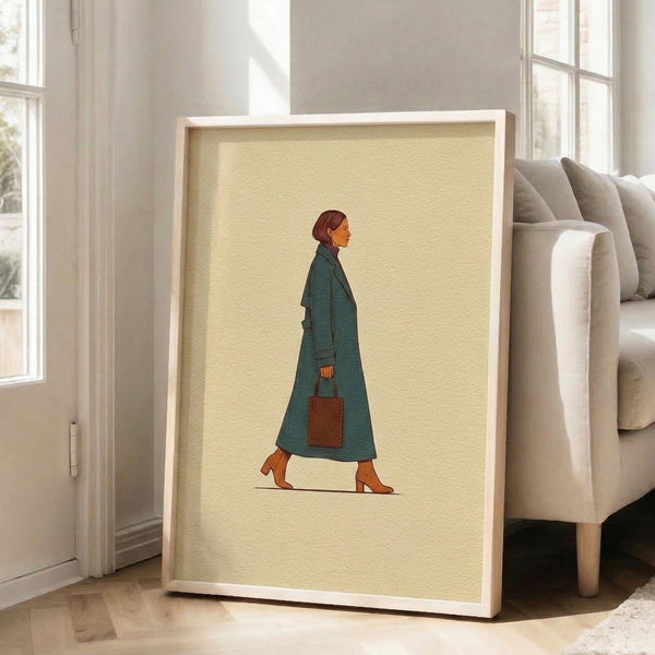 Wabi sabi wall art depicting a gracefully walking woman in a teal coat, rendered as a minimalist line drawing in cream and earthy tones, framed as a sophisticated poster.