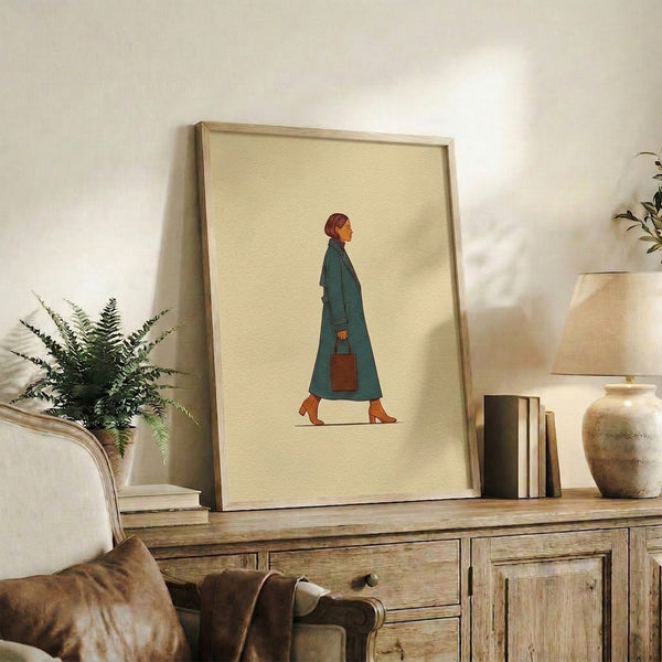 Elegant retro poster art of a woman wearing a teal coat and carrying a handbag, drawn in flowing minimalist lines with a restrained palette of cream, teal, rust, and brown.