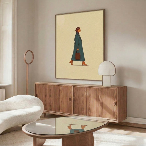 Framed minimalist line art showing a solitary woman in a teal coat walking with understated sophistication, executed in warm cream and rust tones with japandi aesthetic sensibility.