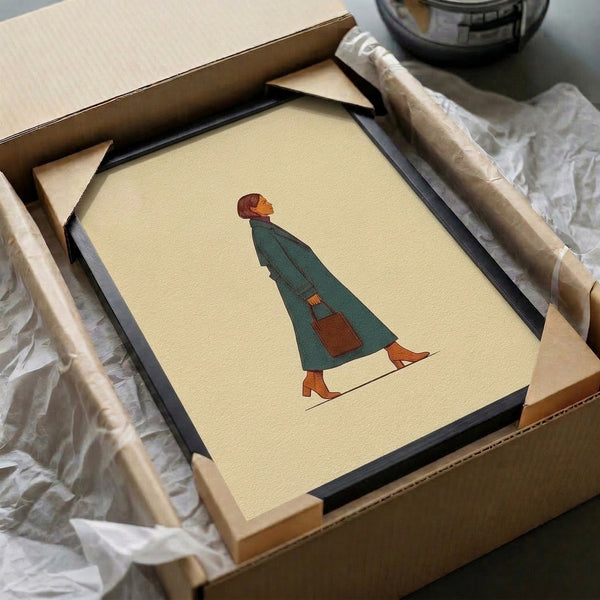 Subtle and refined line-drawn poster of a woman in a teal coat, handbag and boots, framed as wall art with retro minimalist charm in cream, rust orange, and brown hues.
