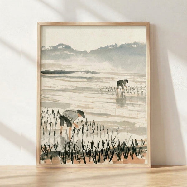 Watercolor landscape painting of rice paddy farmers working in soft sage green and cream tones, with misty mountains and contemplative mood in Japandi style.