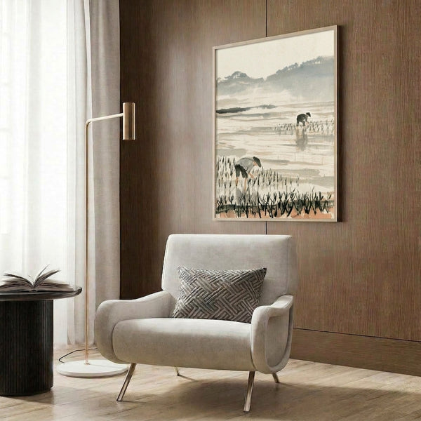 Japandi watercolor art print of rice field workers in soft cream and gray palette, capturing quiet rural labor beneath misty mountain landscape.