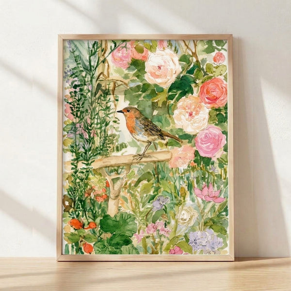 Watercolor painting of a robin perched among blooming roses and garden foliage in soft pink, sage green, and cream tones, framed as a wall art print.
