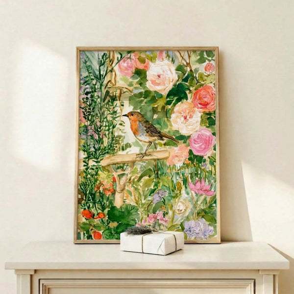 Serene cottagecore art print featuring a delicate robin nestled in a rose garden with warm brown branches and blush florals in watercolor style.
