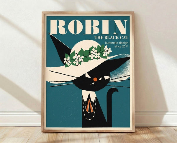 Art Deco framed poster featuring an elegant black cat wearing a jeweled necklace, surrounded by blooming flowers and a bird, with a crescent moon in a teal and cream palette.