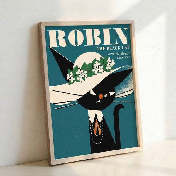 Whimsical Art Deco wall art showcasing a sleek black cat with an ornate necklace, complemented by delicate flowers, a bird, and moonlit sky in teal and warm orange hues.
