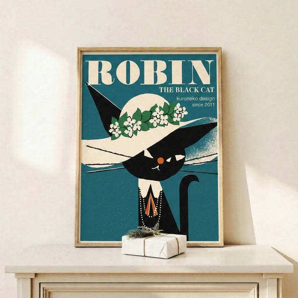 Mid-century modern framed poster depicting an elegant black cat wearing a jeweled accessory, surrounded by botanical elements, a bird, and celestial imagery in sophisticated cream and teal.