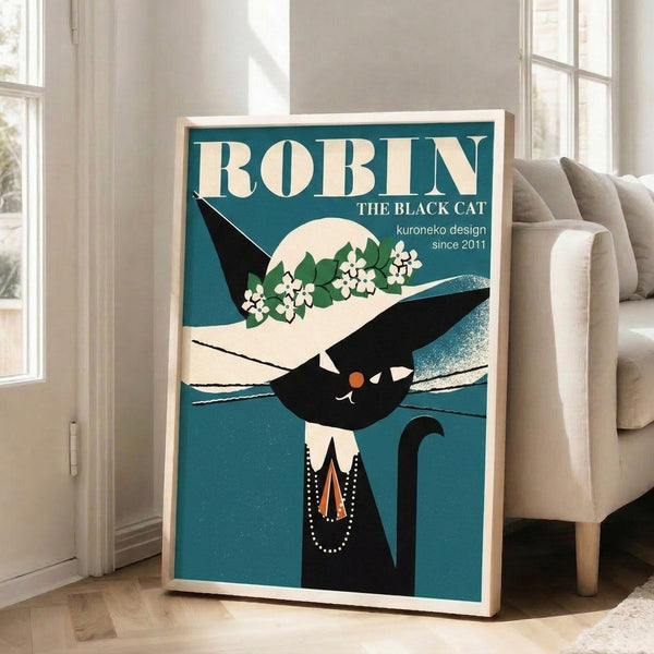 Art Deco-inspired wall art of a refined black cat adorned in a decorative necklace, framed by blooming flowers and a bird beneath a glowing moon in forest green and cream.