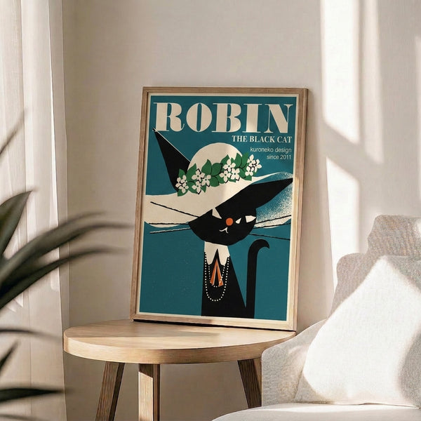 Vintage poster art featuring a whimsical black cat with an ornate necklace, floral motifs, a bird companion, and crescent moon in a sophisticated palette of teal, orange, and black.