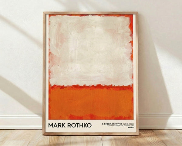 Abstract minimalist poster with horizontal cream and burnt orange color fields, evoking contemplative mood through soft, layered hues.
