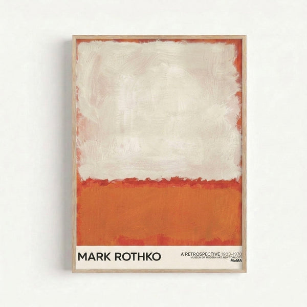 Framed modern art print featuring warm cream and red-orange abstract rectangles in muted tones, creating meditative emotional depth on wall.