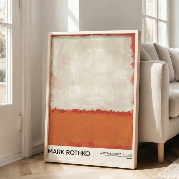 Modern abstract poster displaying soft cream and burnt orange horizontal bands, emotional and meditative artwork in minimalist style.