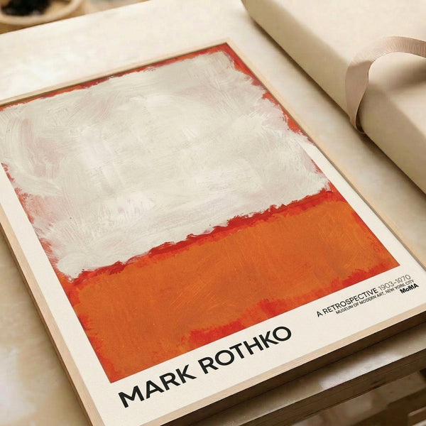 Abstract wall poster with warm cream and burnt orange tones in soft, overlapping horizontal forms, creating emotionally resonant minimalist composition.