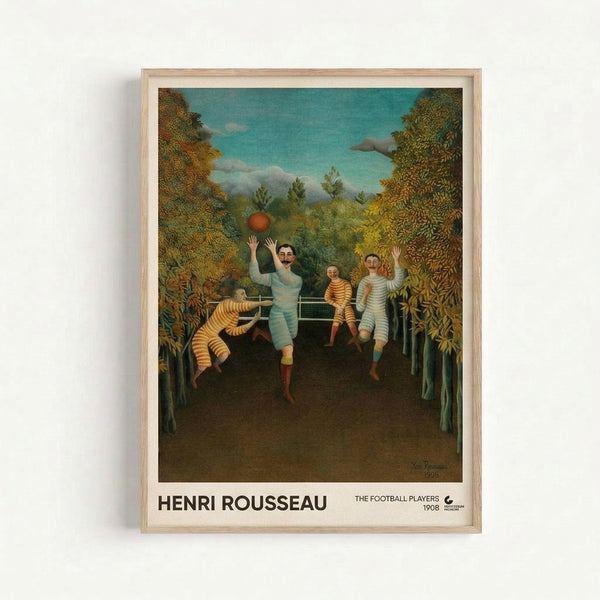 Wall-mounted poster featuring Rousseau's surreal landscape with football players among dense trees and vegetation, rendered in earthy rust browns and forest greens with playful, innocent charm.