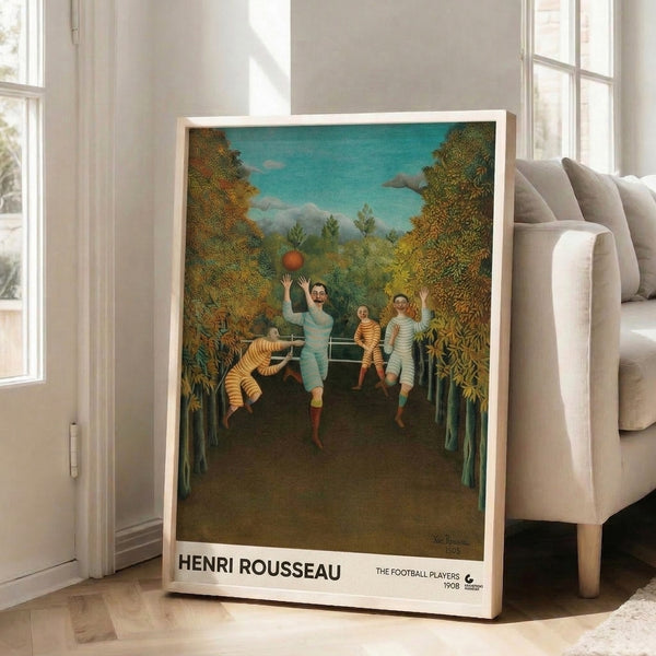 Naive art poster displaying Rousseau's 1908 composition of footballers within an enchanted forest landscape, combining whimsy with muted greens, browns, and soft cream hues.