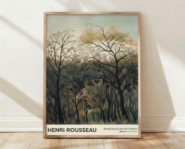 Framed vintage Impressionist forest poster featuring a romantic couple among dense woodland foliage in sage green, ochre, and teal tones.