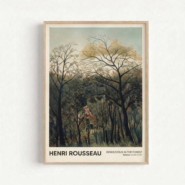 Dreamlike forest scene with mystical woodland atmosphere rendered in muted greens and cream, showing figures amid lush trees on a framed art print.